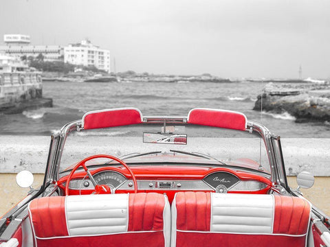 Vintage car near the beach in Cuba White Modern Wood Framed Art Print with Double Matting by Frank, Assaf