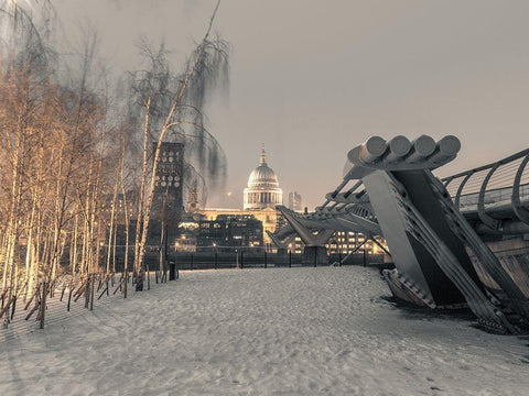 St Pauls Cathedral and Millennium Bridge in snow-London-UK Black Ornate Wood Framed Art Print with Double Matting by Frank, Assaf