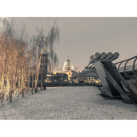 St Pauls Cathedral and Millennium Bridge in snow-London-UK Black Modern Wood Framed Art Print by Frank, Assaf