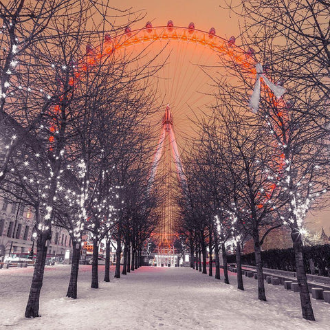 London Eye at night with trees in the foreground lit with lights and snow on the pathway-London-UK Black Modern Wood Framed Art Print with Double Matting by Frank, Assaf