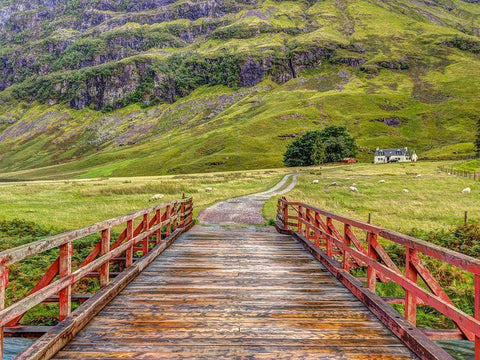 Wooden bridge over water stream at Glen Coe valley-Scotland White Modern Wood Framed Art Print with Double Matting by Frank, Assaf