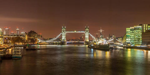 Tower Bridge and HMS Belfast at night Black Ornate Wood Framed Art Print with Double Matting by Frank, Assaf