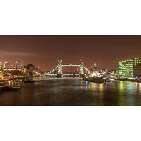 Tower Bridge and HMS Belfast at night Black Modern Wood Framed Art Print with Double Matting by Frank, Assaf