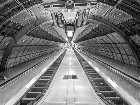 Escalator at subway station White Modern Wood Framed Art Print with Double Matting by Frank, Assaf