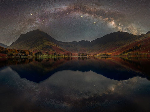 The Milky Way across Buttermere,-District White Modern Wood Framed Art Print with Double Matting by Frank, Assaf