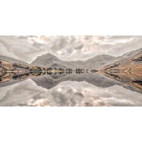 Mountain reflections in lake White Modern Wood Framed Art Print by Frank, Assaf