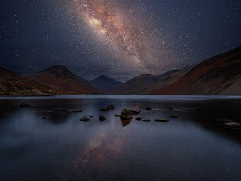 Milky Way across Wastwater,-District White Modern Wood Framed Art Print with Double Matting by Frank, Assaf