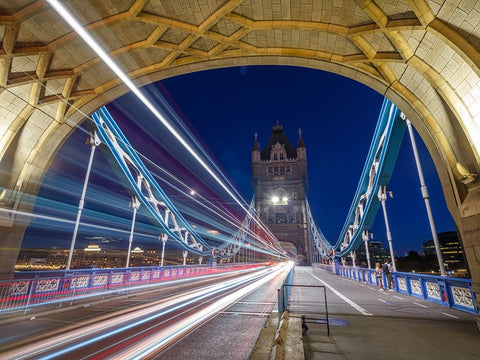 Tower Bridge strip lights White Modern Wood Framed Art Print with Double Matting by Frank, Assaf