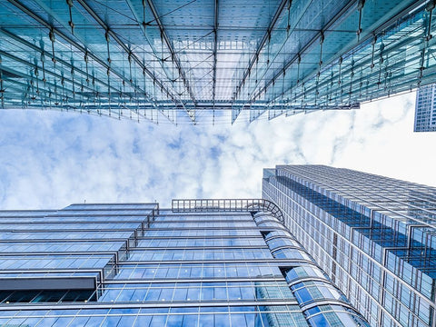 Low angle view of skyscrapers Black Modern Wood Framed Art Print by Frank, Assaf