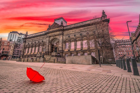 Red umbrella outside-city museum Black Modern Wood Framed Art Print by Frank, Assaf