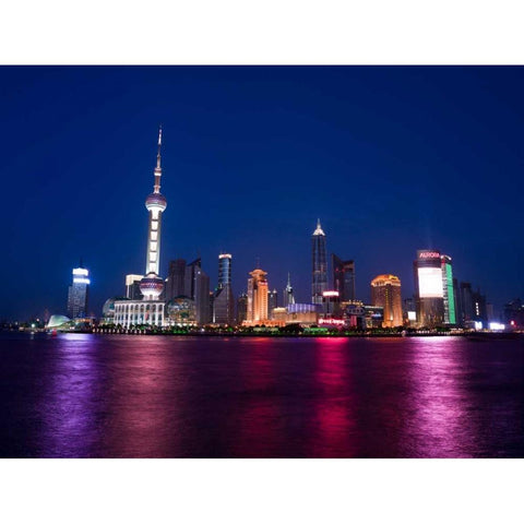 AF20050506 Shanghai Skyline Night 001C05 Black Modern Wood Framed Art Print with Double Matting by Frank, Assaf