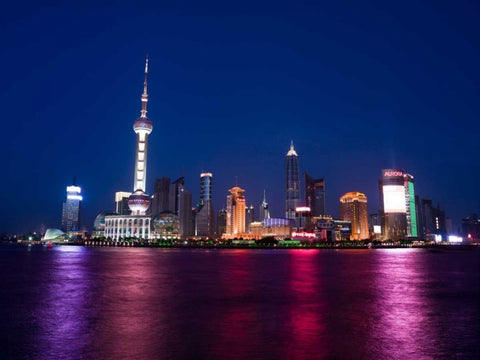 AF20050506 Shanghai Skyline Night 001C05 Black Ornate Wood Framed Art Print with Double Matting by Frank, Assaf
