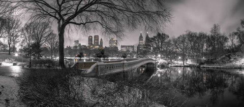 Central park Bow Bridge with Manhattan skyline, New York White Modern Wood Framed Art Print with Double Matting by Frank, Assaf