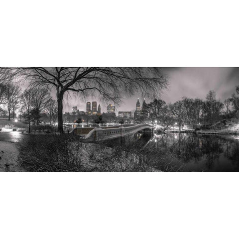 Central park Bow Bridge with Manhattan skyline, New York Black Modern Wood Framed Art Print with Double Matting by Frank, Assaf