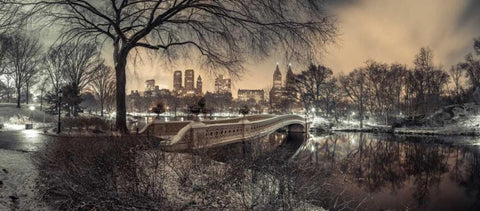 Central park Bow Bridge with Manhattan skyline, New York White Modern Wood Framed Art Print with Double Matting by Frank, Assaf