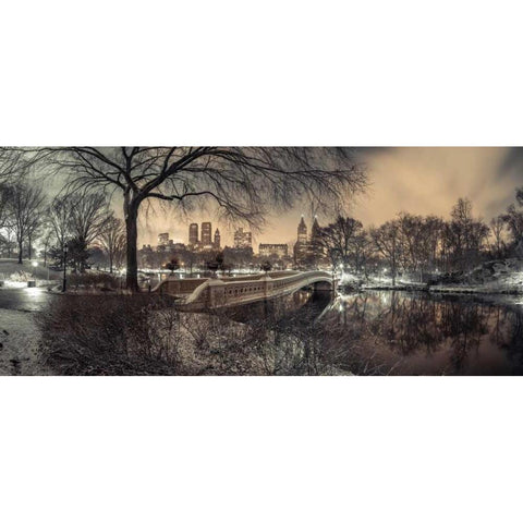 Central park Bow Bridge with Manhattan skyline, New York Black Modern Wood Framed Art Print with Double Matting by Frank, Assaf