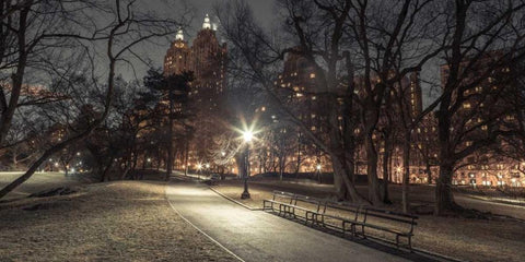 Path in cental park at night, winter, snow, New York. White Modern Wood Framed Art Print with Double Matting by Frank, Assaf