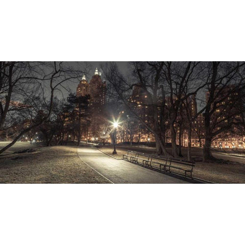 Path in cental park at night, winter, snow, New York. Black Modern Wood Framed Art Print with Double Matting by Frank, Assaf