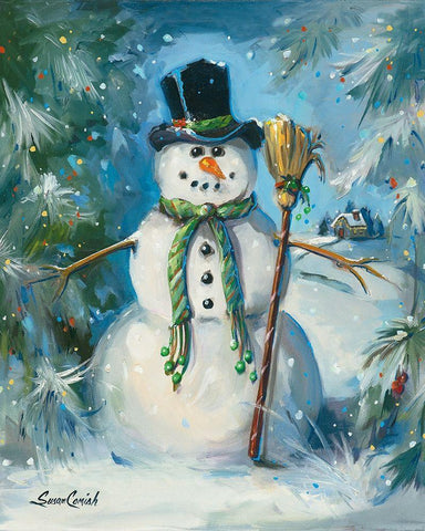 Sweeping Snowman White Modern Wood Framed Art Print with Double Matting by Comish, Susan