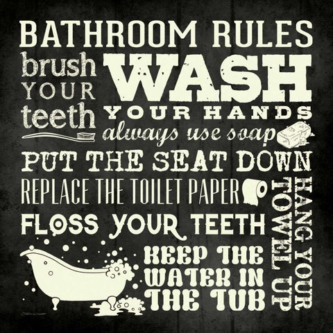 Bath Rules - Black Gold Ornate Wood Framed Art Print with Double Matting by Marrott, Stephanie