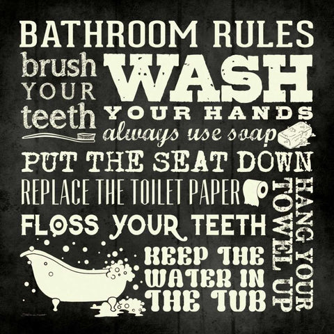 Bath Rules - Black White Modern Wood Framed Art Print with Double Matting by Marrott, Stephanie