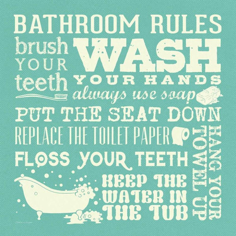 Bath Rules - Green White Modern Wood Framed Art Print with Double Matting by Marrott, Stephanie