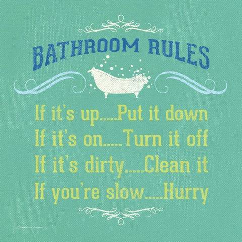 Bathroom Rules  - Green Black Ornate Wood Framed Art Print with Double Matting by Marrott, Stephanie