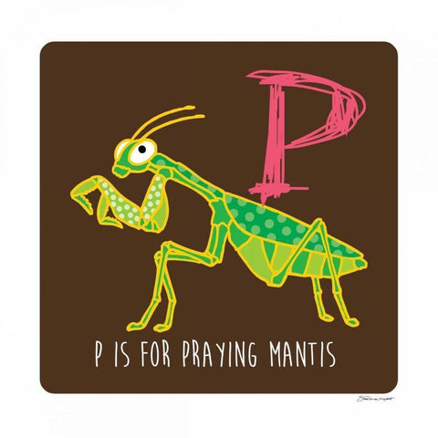 P is For Praying Mantis White Modern Wood Framed Art Print by Marrott, Stephanie