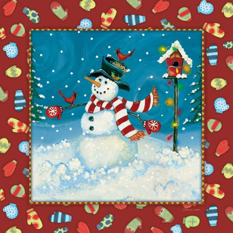 Snowman and Cardinals White Modern Wood Framed Art Print with Double Matting by Marrott, Stephanie