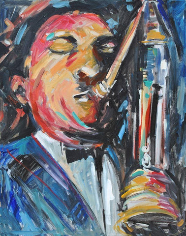 Sax Man Black Ornate Wood Framed Art Print with Double Matting by Stevens, Allayn