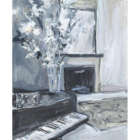 Piano And Fireplace White Modern Wood Framed Art Print by Stevens, Allayn