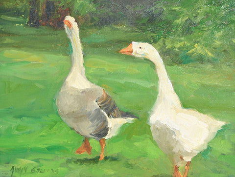 Geese Stroll Black Ornate Wood Framed Art Print with Double Matting by Stevens, Allayn