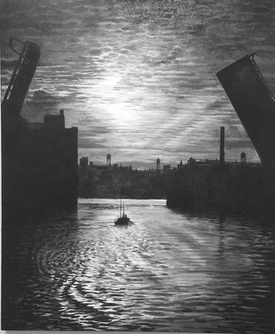 Sunset Bridge Black Ornate Wood Framed Art Print with Double Matting by Gipe, Lawernce