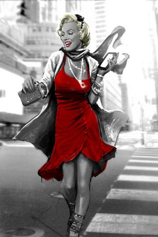 Marilyn In The City Red Dress Black Ornate Wood Framed Art Print with Double Matting by Brando, JJ