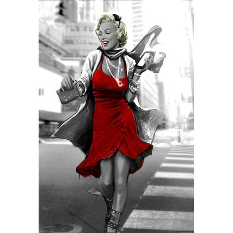 Marilyn In The City Red Dress White Modern Wood Framed Art Print by Brando, JJ