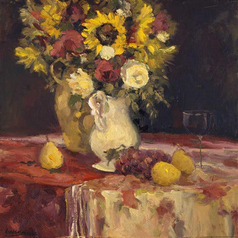 Sunflowers And Wine Black Ornate Wood Framed Art Print with Double Matting by Stevens, Allayn