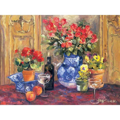 Red Flowers Gold Ornate Wood Framed Art Print with Double Matting by Stevens, Allayn