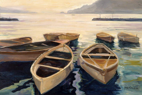 Sunset Marina White Modern Wood Framed Art Print with Double Matting by Stevens, Allayn