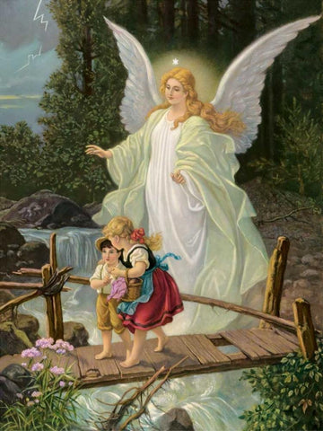 Guardian Angel Black Ornate Wood Framed Art Print with Double Matting by Anonymous