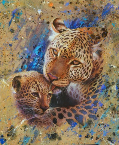 Panther with cub 02 White Modern Wood Framed Art Print with Double Matting by Chamard, Jean-Marc