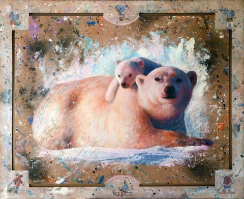 Polar bear with cub 01 White Modern Wood Framed Art Print with Double Matting by Chamard, Jean-Marc