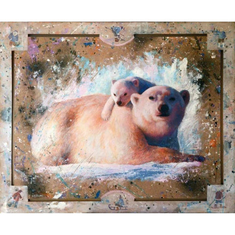 Polar bear with cub 01 Gold Ornate Wood Framed Art Print with Double Matting by Chamard, Jean-Marc
