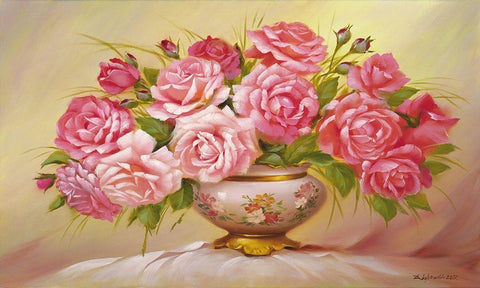 Pink Roses Black Ornate Wood Framed Art Print with Double Matting by Dvoretskiy, Petrovich