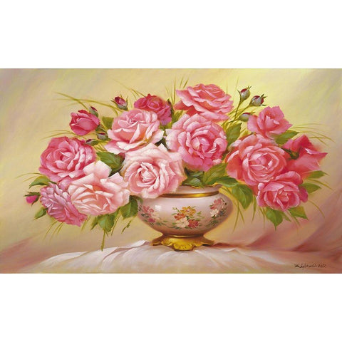 Pink Roses Gold Ornate Wood Framed Art Print with Double Matting by Dvoretskiy, Petrovich
