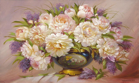 Roses and Lilacs Black Ornate Wood Framed Art Print with Double Matting by Dvoretskiy, Petrovich