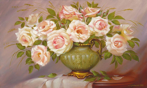 Soft pink Roses White Modern Wood Framed Art Print with Double Matting by Dvoretskiy, Petrovich