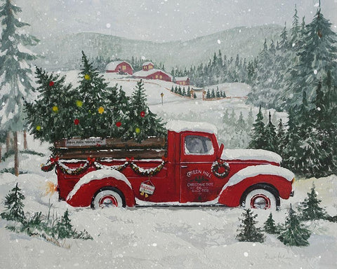 X-Mas-Truck Green Hill White Modern Wood Framed Art Print with Double Matting by Holzner, Renate