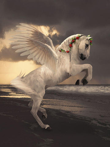 Pegasus With Roses White Modern Wood Framed Art Print with Double Matting by Babette