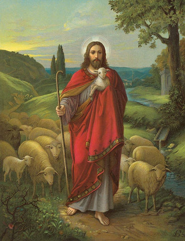 DER GUTE HIRTE Black Ornate Wood Framed Art Print with Double Matting by Anonymous