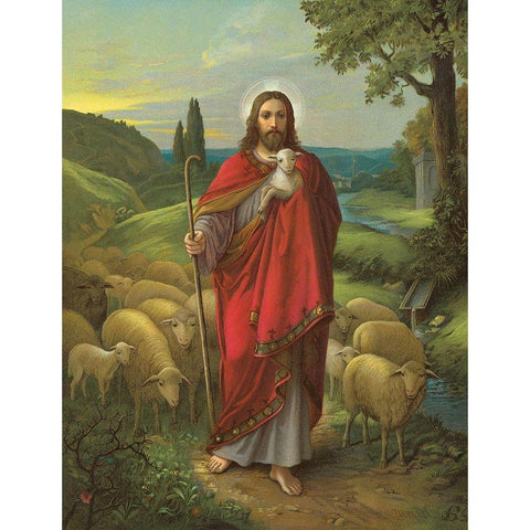 DER GUTE HIRTE Gold Ornate Wood Framed Art Print with Double Matting by Anonymous